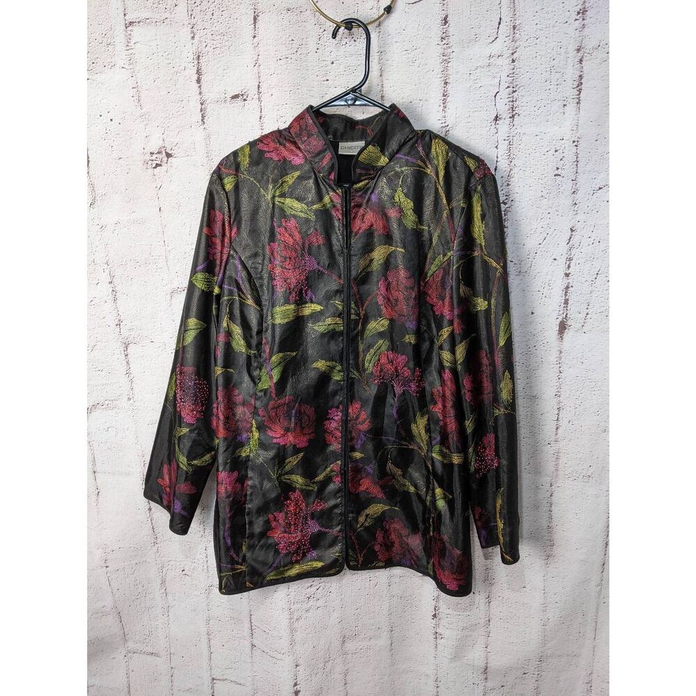 Chicos Womens Size 2 Black Floral Embroidered Beaded Long Sleeve Blazer Blouse J